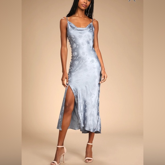 NWT Lulus Light Blue Satin Midi Dress! - Picture 2 of 8